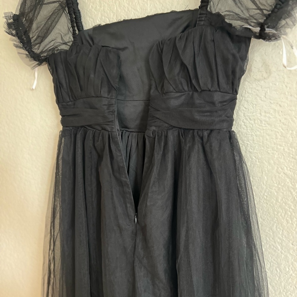 NWOT Flawless Aura Black Tulle Puff Sleeve Ruffled Midi Dress - Picture 7 of 8
